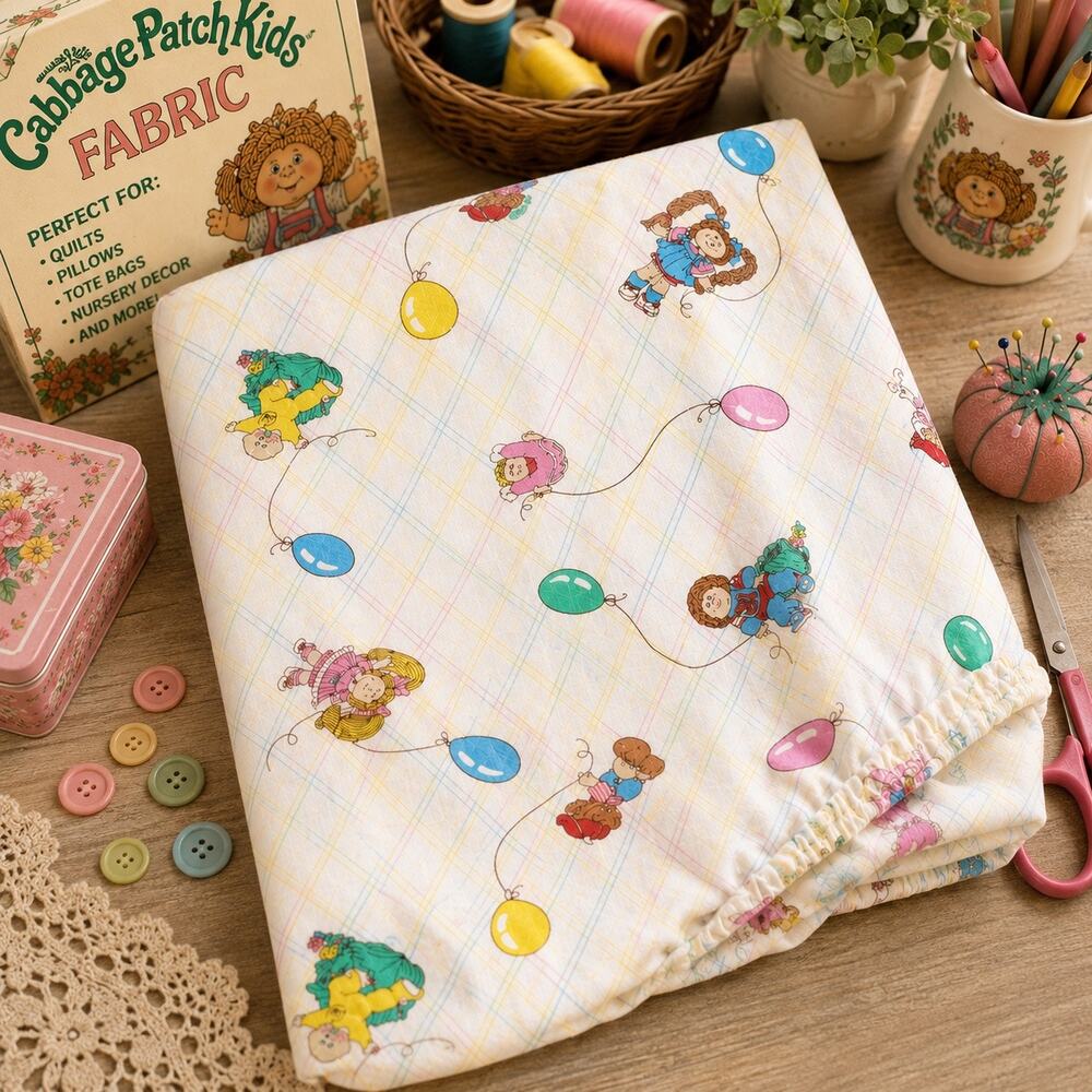 Vintage 1983 Cabbage Patch Kids Twin Fitted Sheet Balloon Print Craft Fabric